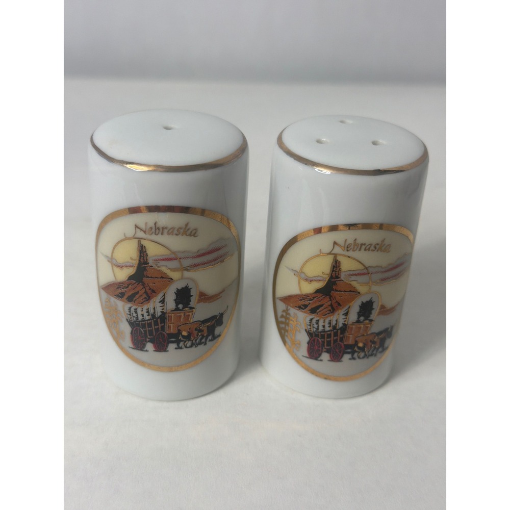 Vintage Nebraska Souvenir Salt and Pepper Shakers Covered Wagon Ceramic Set